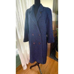 Vintage 80s winter wool coat, navy and black tweed, oversized shoulders